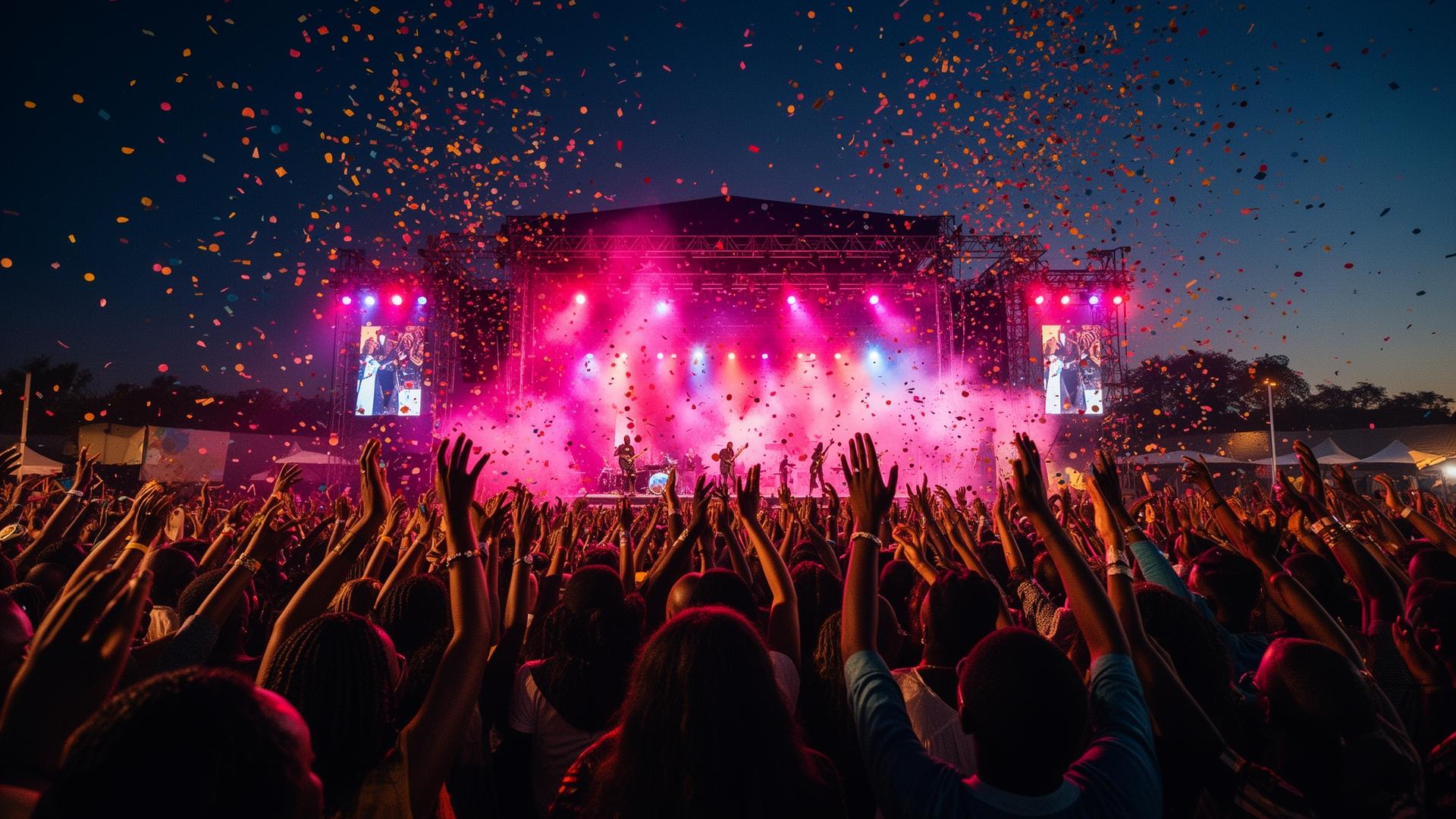 Live festival crowd at golden hour